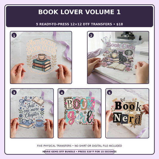 Book Lover Volume 1 five-pack 12x12 ready-to-press DTF transfer bundle collage showing all five included designs