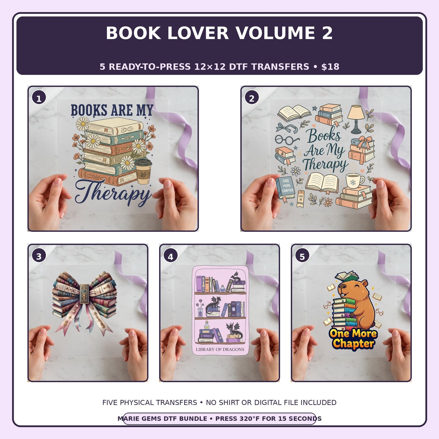 Book Lover Volume 2 five-pack 12x12 ready-to-press DTF transfer bundle collage showing all five included designs