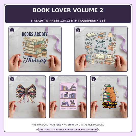 Book Lover Volume 2 five-pack 12x12 ready-to-press DTF transfer bundle collage showing all five included designs