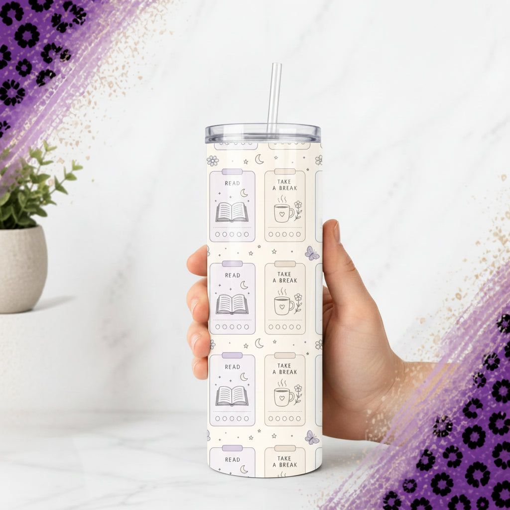 Read and Take a Break bookish 20 oz tumbler with pastel reading tracker cards, books and coffee