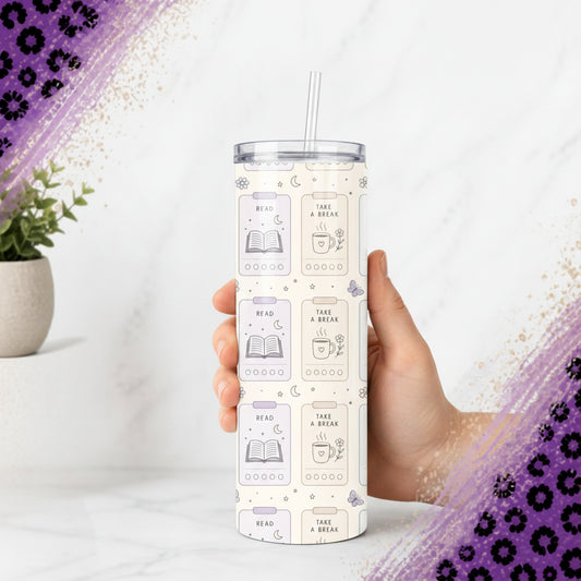Read and Take a Break 20 oz Stainless Steel Tumbler showing read and take a break tumbler artwork with read and take a break, pastel book lover cup, 20 oz skinny tumbler