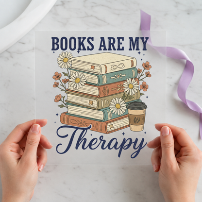 Books Are My Therapy Book Stack individual product photo included in the Book Lover Volume 2 five-pack DTF transfer bundle