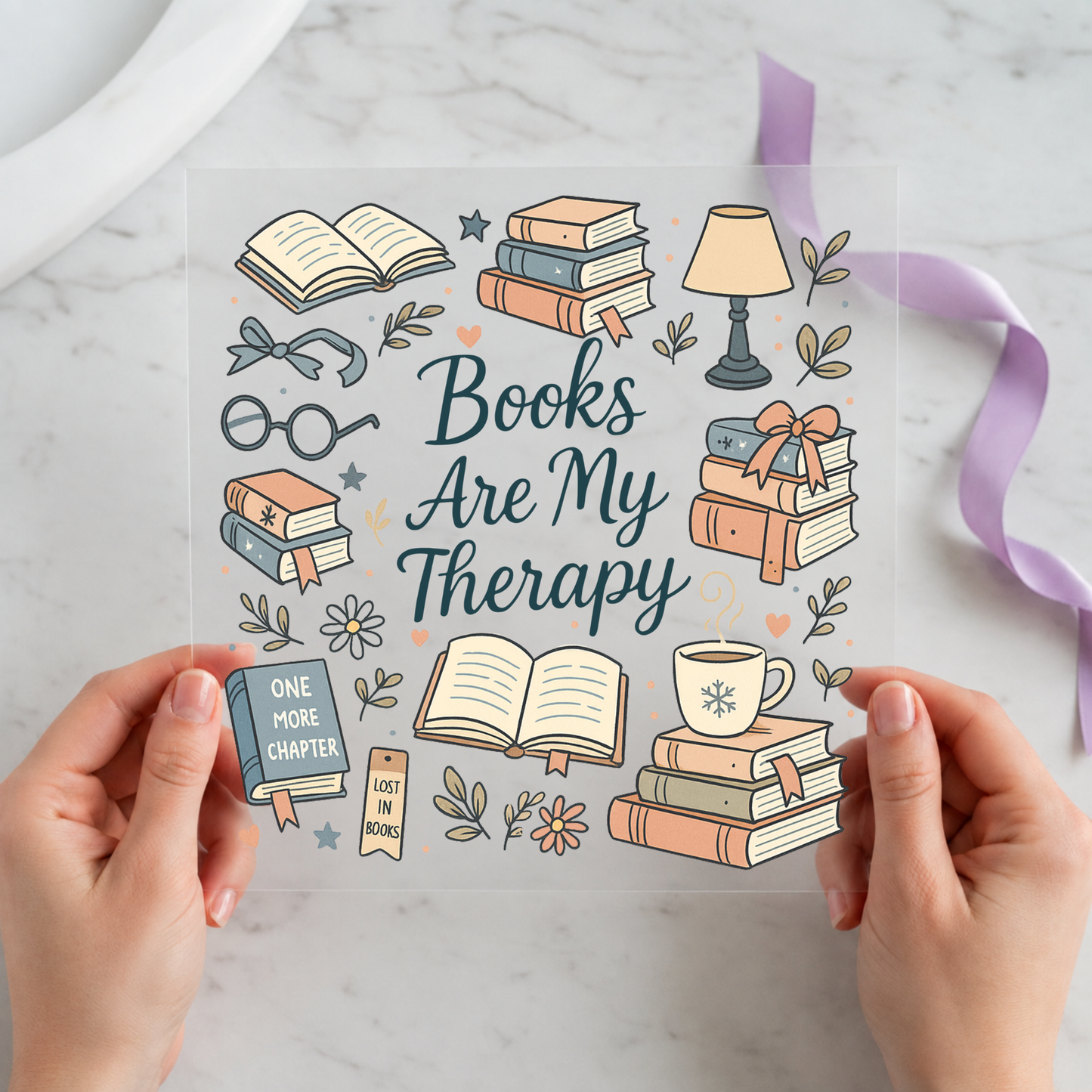 Books Are My Therapy Illustrated 12 by 12 ready-to-press DTF heat transfer for a book lover shirt