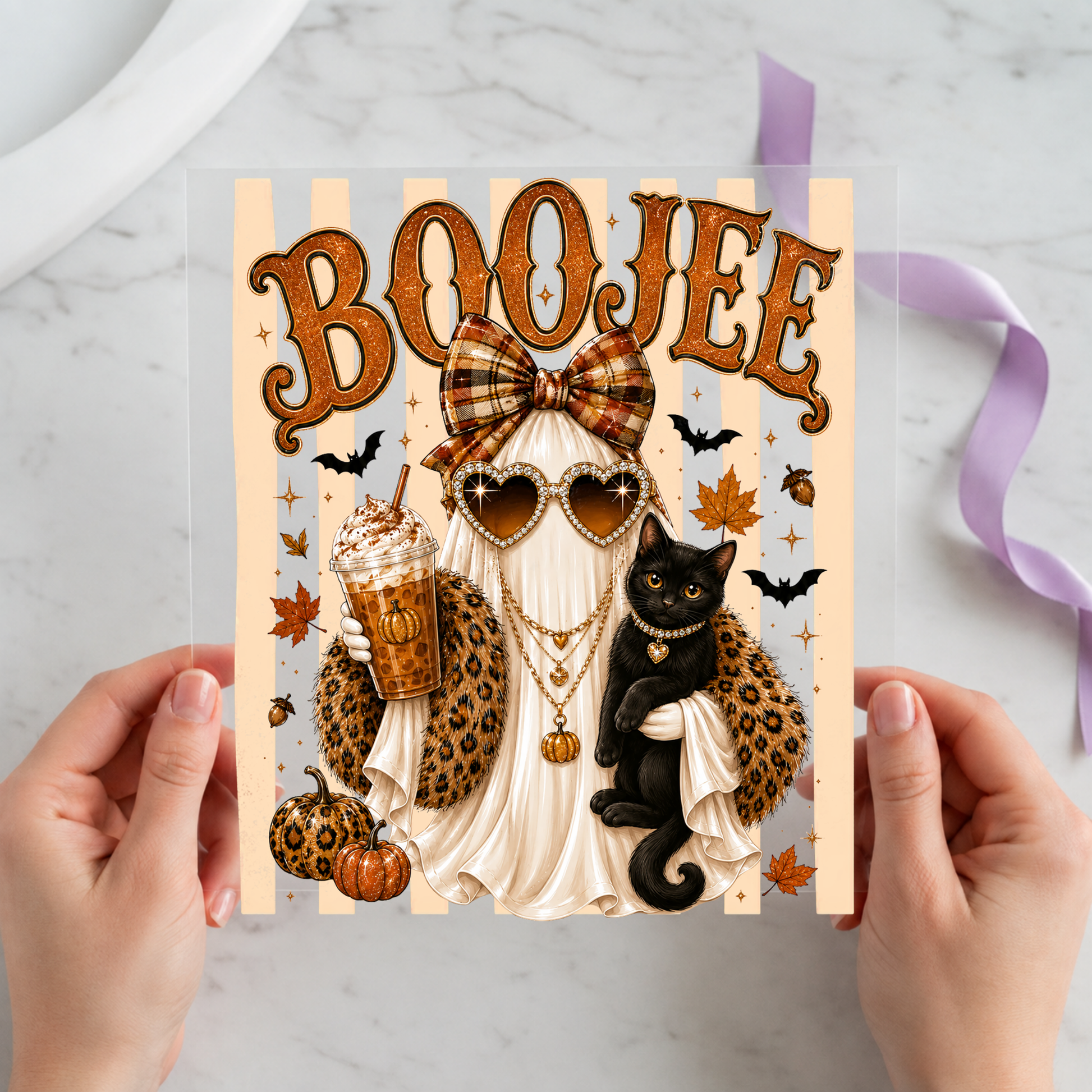 Bootiful Cowgirl Ghost featuring fashionable ghost in cowgirl hat with pumpkins and leopard accents on a 12x12 ready-to-press DTF heat transfer