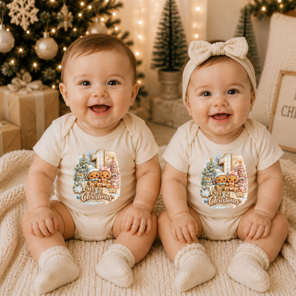 First Christmas Twin Baby Bodysuit for Boy Infant Bodysuit Outfit showing two adorable gingerbread babies representing a boy and girl celebrating their first Christmas together