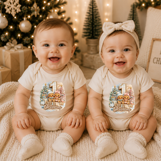 Boy and girl twins wearing matching Our 1st Christmas baby bodysuits while sitting in front of a decorated Christmas tree for their first holiday photos.