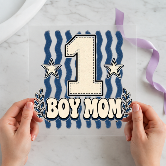 Boy Mom Varsity Number individual product photo included in the Retro Mom Life five-pack DTF transfer bundle