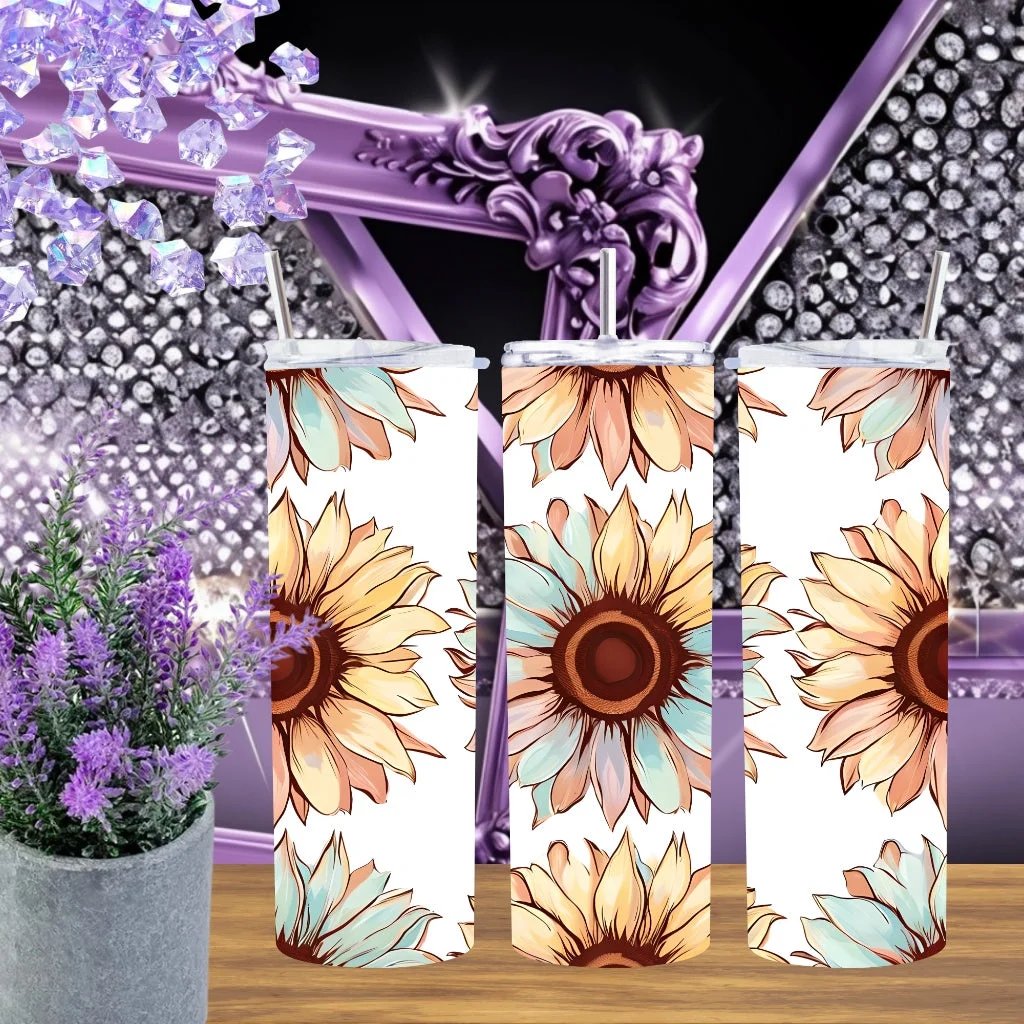 Rustic Sunflower 20oz Tumbler, Boho Floral Stainless Steel Cup, Summer Flower Lover Gift for Her, Handmade Botanical Sunburst Drinkware by Marie Gems