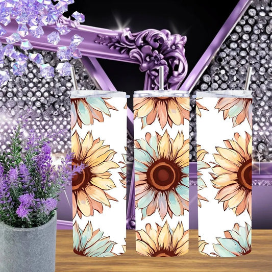 Rustic Sunflower 20oz Tumbler, Boho Floral Stainless Steel Cup, Summer Flower Lover Gift for Her, Handmade Botanical Sunburst Drinkware by Marie Gems