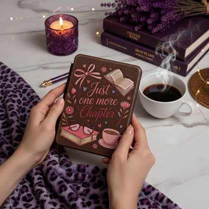 Just One More Chapter Alternate 7-Inch Kindle Paperwhite Case showing a charming floral coffee and glasses design