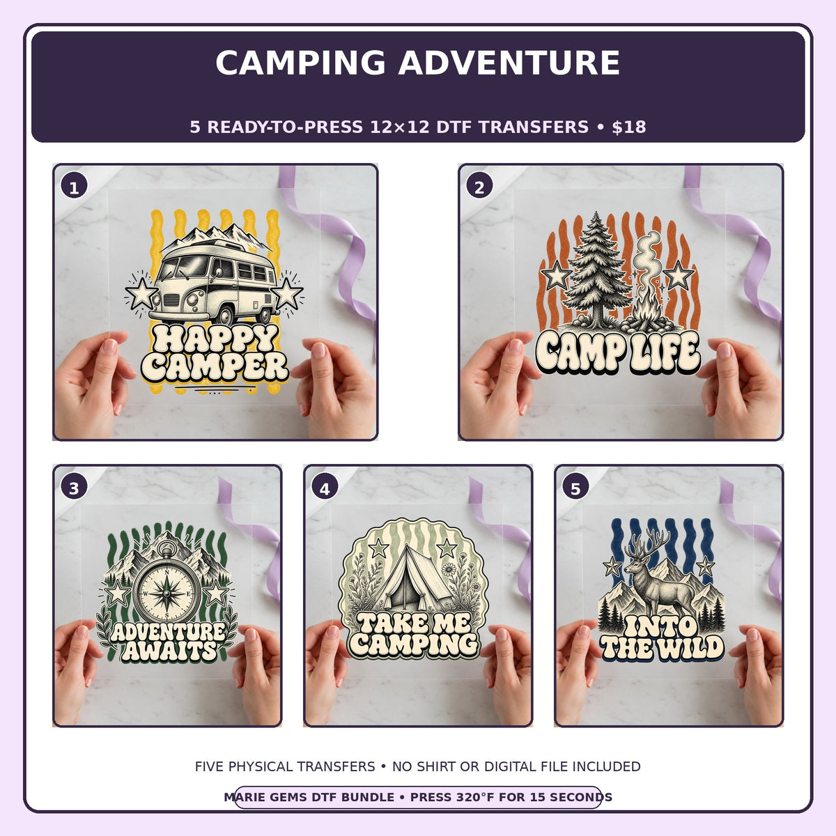 Camping Adventure five-pack 12x12 ready-to-press DTF transfer bundle collage showing all five included designs