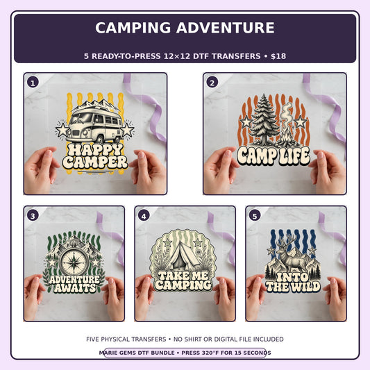 Camping Adventure five-pack 12x12 ready-to-press DTF transfer bundle collage showing all five included designs