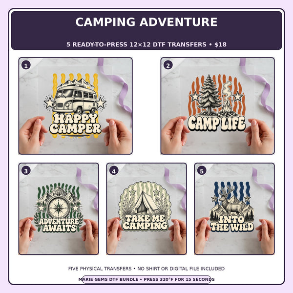 Camping Adventure five-pack 12x12 ready-to-press DTF transfer bundle collage showing all five included designs