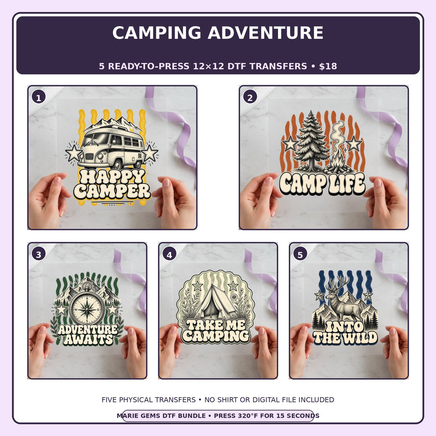 Camping Adventure five-pack 12x12 ready-to-press DTF transfer bundle collage showing all five included designs
