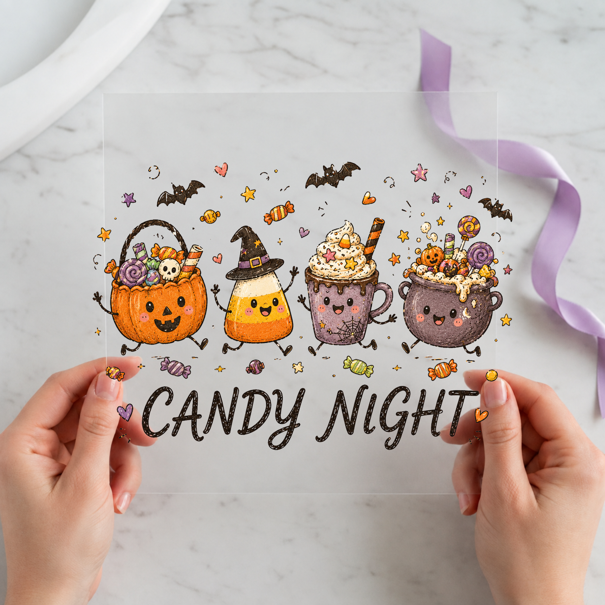 Candy Night Halloween Drinks featuring four decorated Halloween drinks with Candy Night lettering on a 12x12 ready-to-press DTF heat transfer