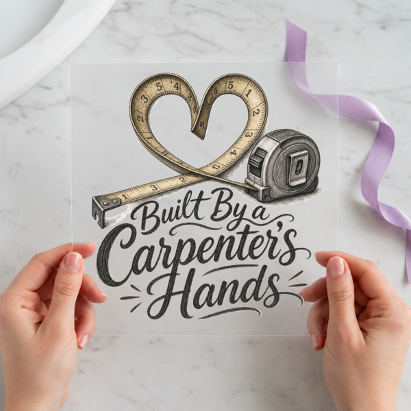 Built By a Carpenter's Hands DTF transfer mockup with measuring tape heart design for a carpenter gift