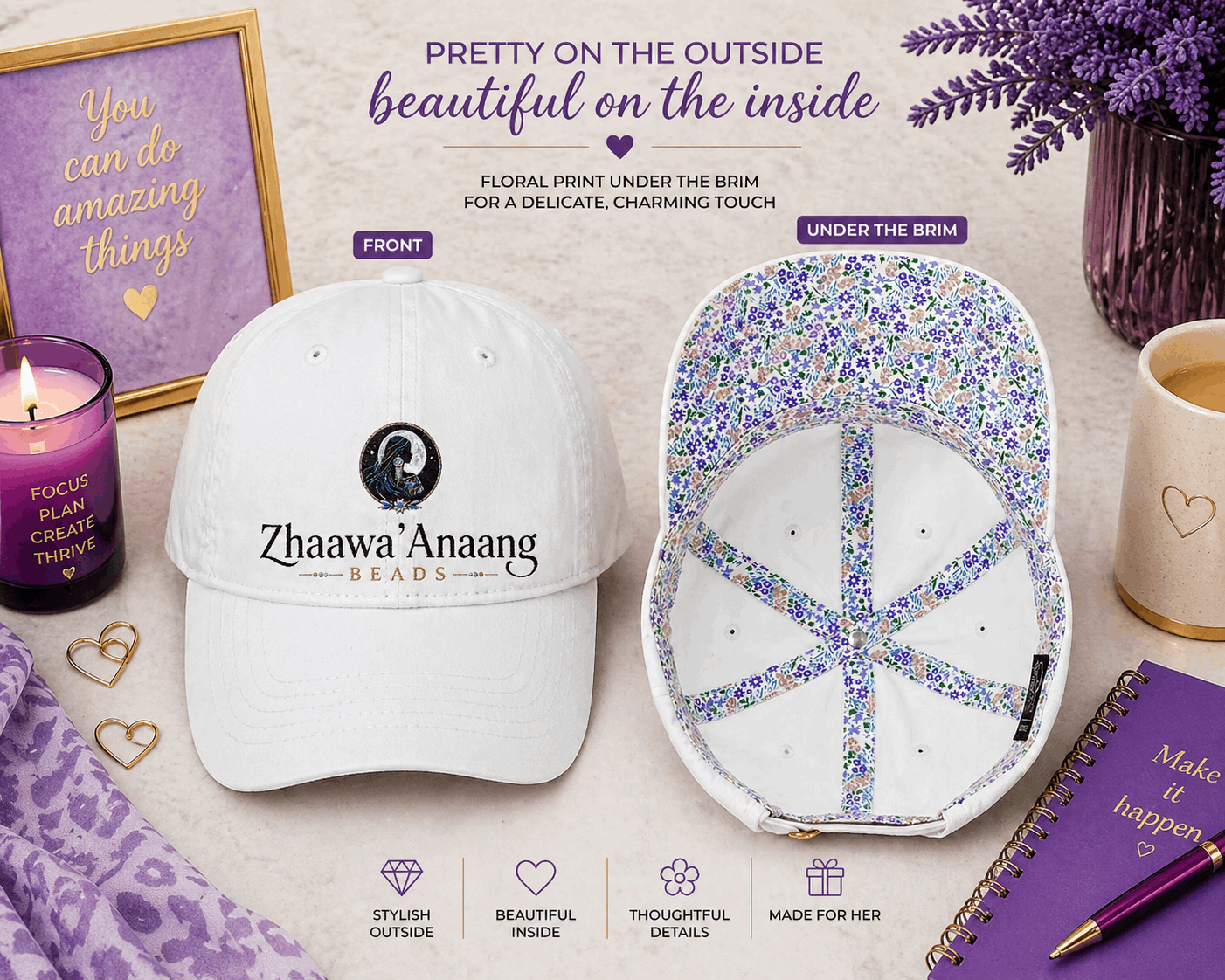 Custom Infinity Her CASSIE Women’s Pigment-Dyed Hat with Polka Dot Undervisor – DTF Printed Logo Cap, Personalized Women’s Boutique Baseball Hat, Custom Business Merch