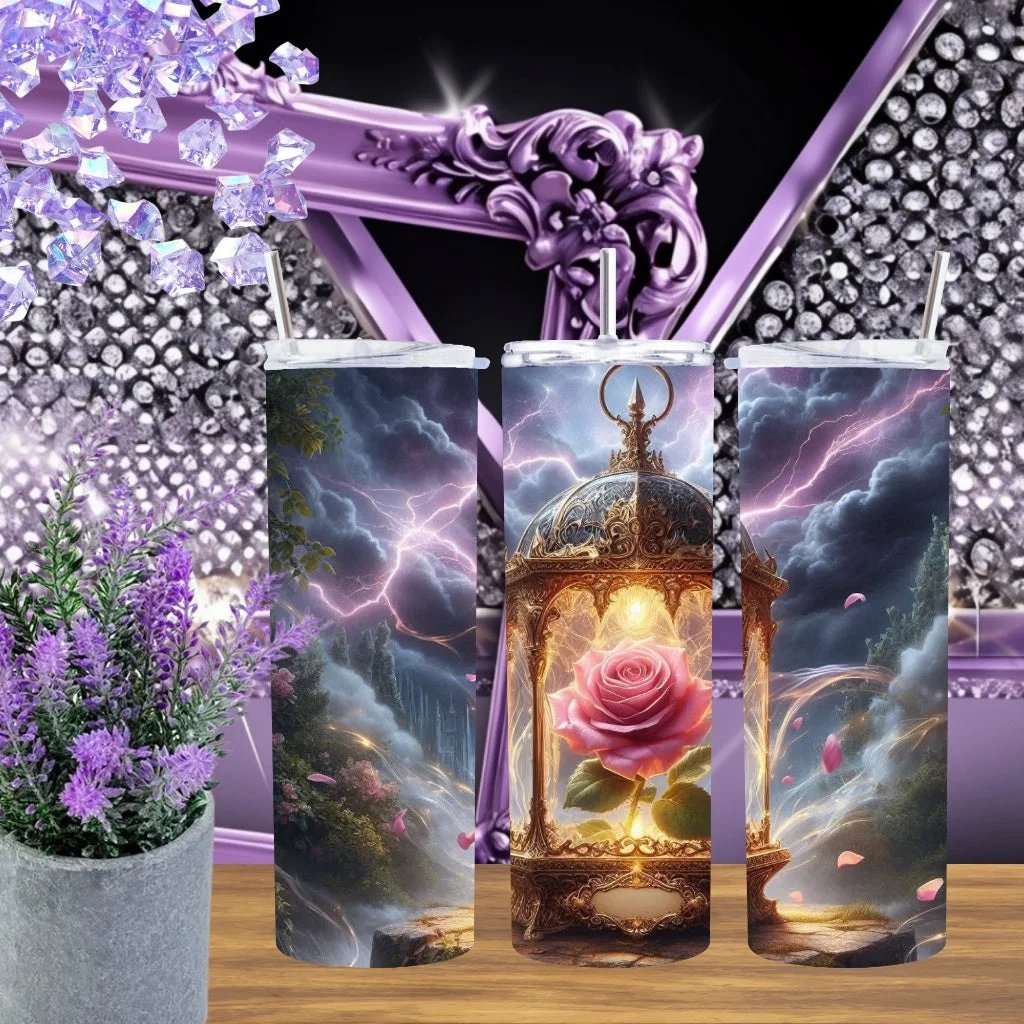 Enchanted Rose 20 Ounce Tumbler Handmade Stormy Rose Gold Magic Lantern Stainless Steel Cup Fantasy Gothic Gift for Her by Marie Gems
