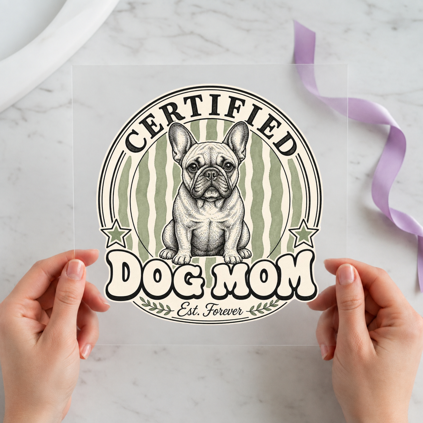Certified Dog Mom French Bulldog individual product photo included in the Dog Mom five-pack DTF transfer bundle