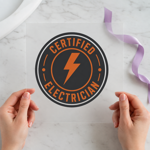 Certified Electrician DTF transfer mockup with bolt badge design for a trades gift