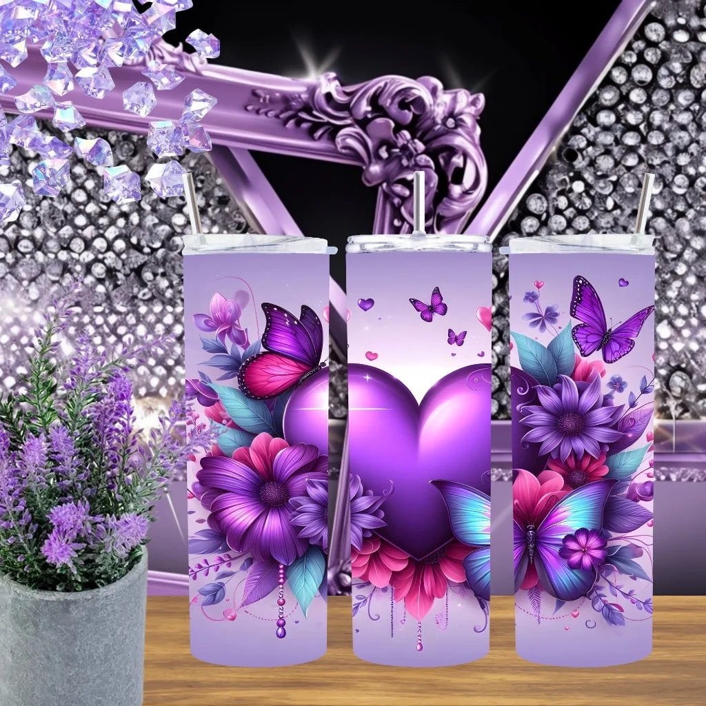 Purple Butterfly 20oz Tumbler Stainless Steel Cup With 3D Heart Floral Lavender Botanical Design Handmade Gift For Her by Marie Gems