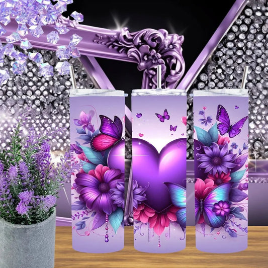 Purple Butterfly 20oz Tumbler Stainless Steel Cup With 3D Heart Floral Lavender Botanical Design Handmade Gift For Her by Marie Gems