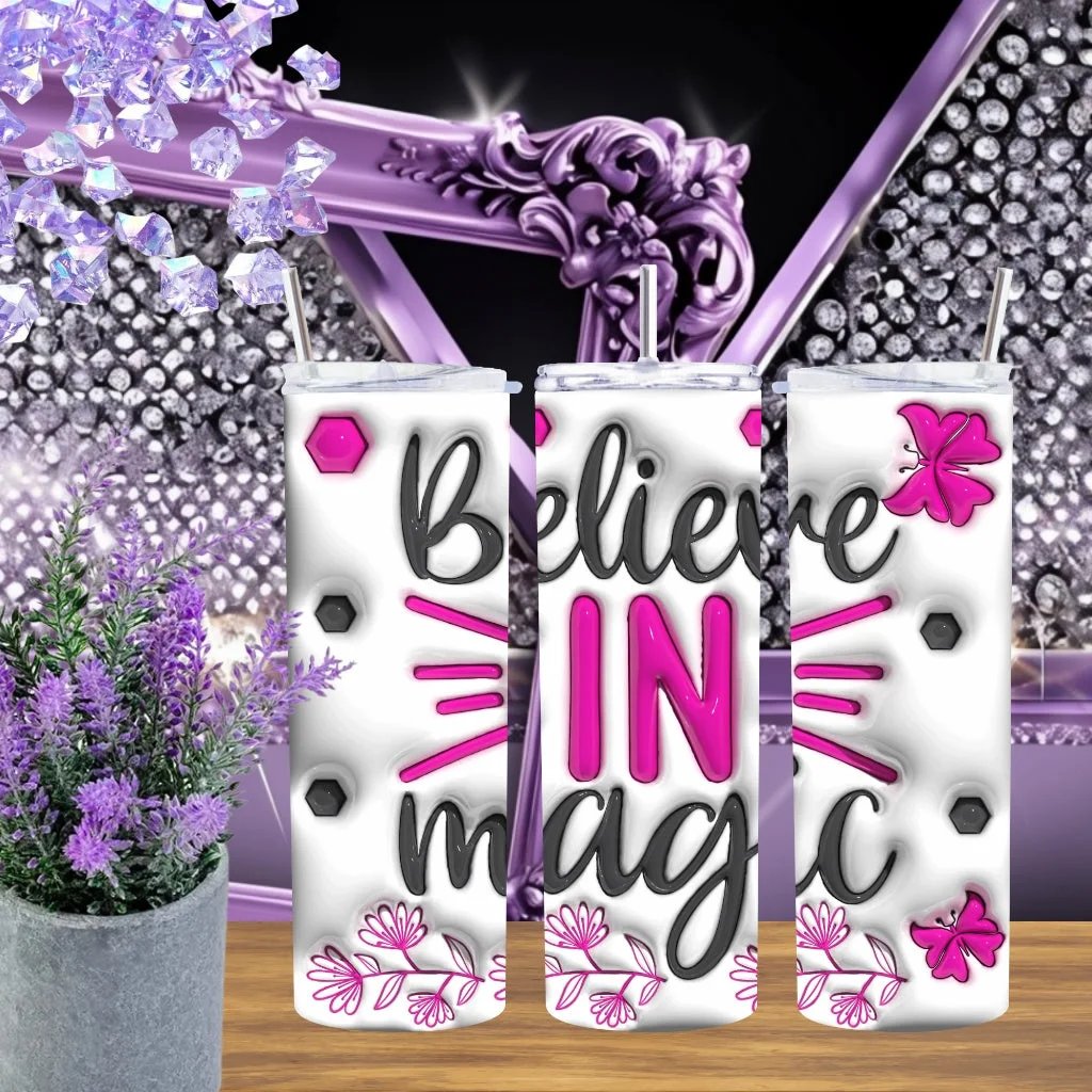 Believe In Magic 20oz Tumbler 3D Puffy Butterfly Handmade Stainless Steel Cup Pink Black Aesthetic Gift For Her by Marie Gems