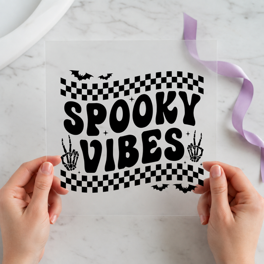 Checkerboard Spooky Vibes individual product photo included in the Halloween Volume 1 five-pack DTF transfer bundle