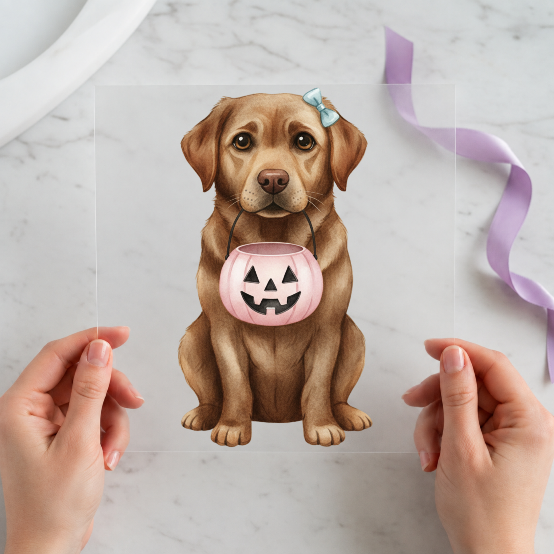 Chocolate Lab Halloween Dog 12 by 12 ready-to-press DTF heat transfer for a dog lover shirt