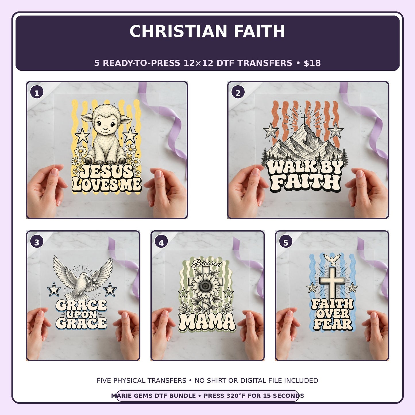 Christian Faith five-pack 12x12 ready-to-press DTF transfer bundle collage showing all five included designs