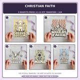 Christian Faith five-pack 12x12 ready-to-press DTF transfer bundle collage showing all five included designs