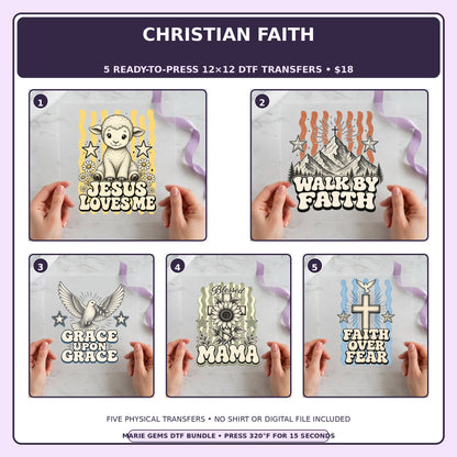 Christian Faith five-pack 12x12 ready-to-press DTF transfer bundle collage showing all five included designs