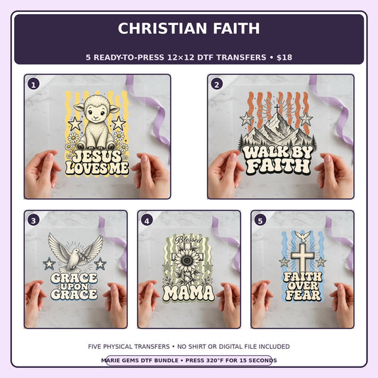Christian Faith five-pack 12x12 ready-to-press DTF transfer bundle collage showing all five included designs