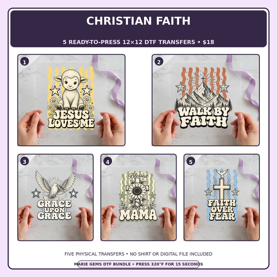 Christian Faith five-pack 12x12 ready-to-press DTF transfer bundle collage showing all five included designs