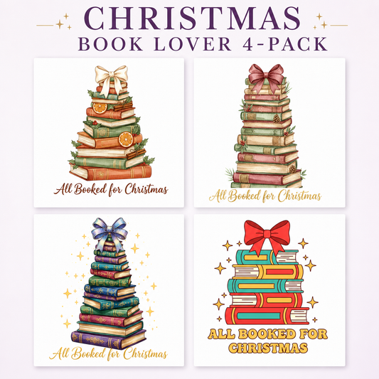 Christmas Book Lover four-pack 12x12 ready-to-press DTF transfer bundle collage