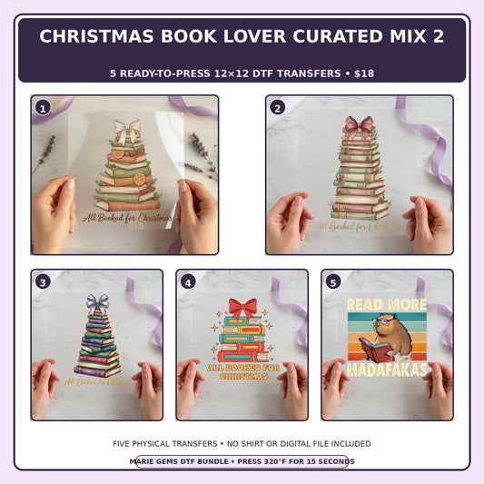 Christmas Book Lover Curated Mix 2 five-pack 12x12 ready-to-press DTF transfer bundle collage showing all five included designs