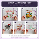 Christmas Curated Mix 8 five-pack 12x12 ready-to-press DTF transfer bundle collage showing all five included designs