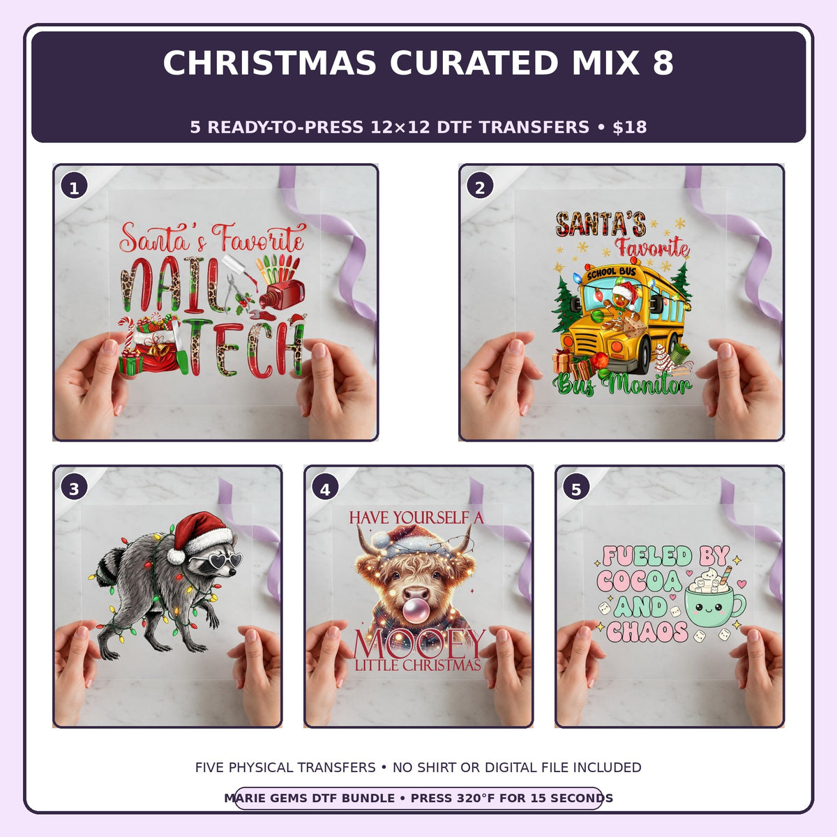 Christmas Curated Mix 8 five-pack 12x12 ready-to-press DTF transfer bundle collage showing all five included designs