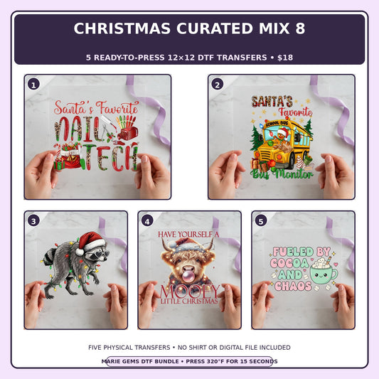 Christmas Curated Mix 8 five-pack 12x12 ready-to-press DTF transfer bundle collage showing all five included designs