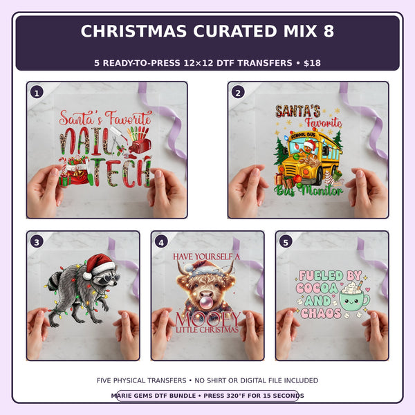 Christmas Curated Mix 8 five-pack 12x12 ready-to-press DTF transfer bundle collage showing all five included designs