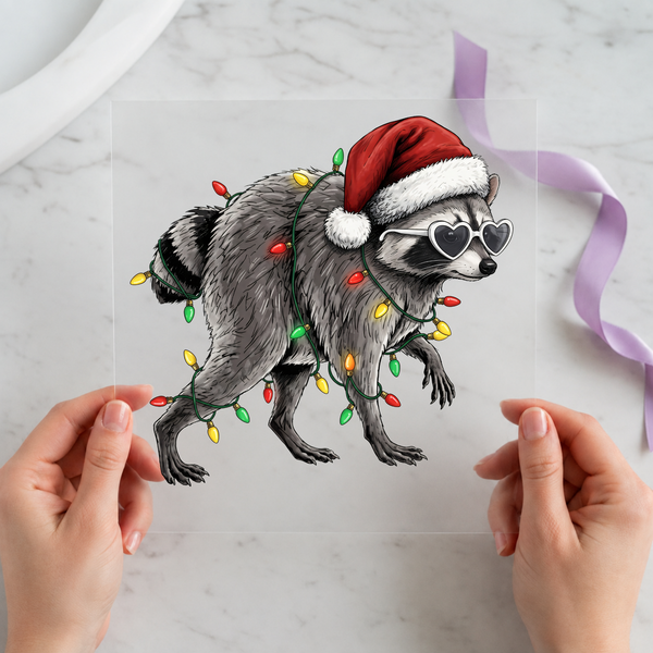 Christmas Jimothy the Raccoon individual product photo included in the Christmas Curated Mix 8 five-pack DTF transfer bundle