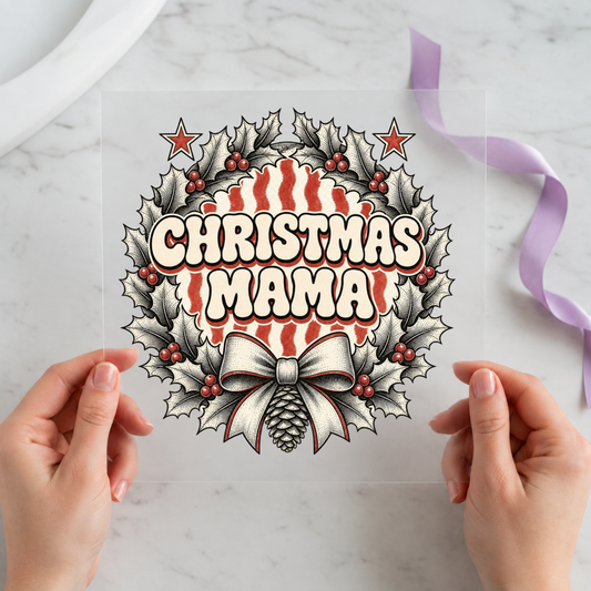 Christmas Mama Holly Wreath individual product photo included in the Retro Christmas five-pack DTF transfer bundle