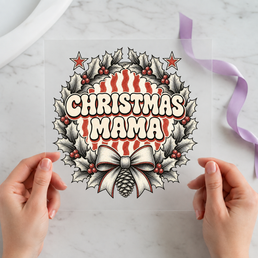 Christmas Mama Holly Wreath individual product photo included in the Retro Christmas five-pack DTF transfer bundle