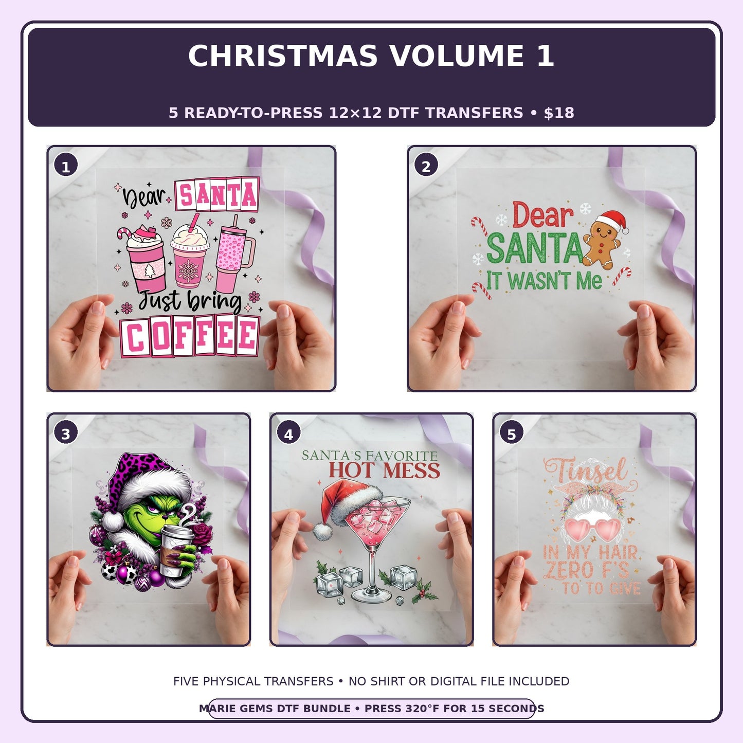 Christmas Volume 1 five-pack 12x12 ready-to-press DTF transfer bundle collage showing all five included designs