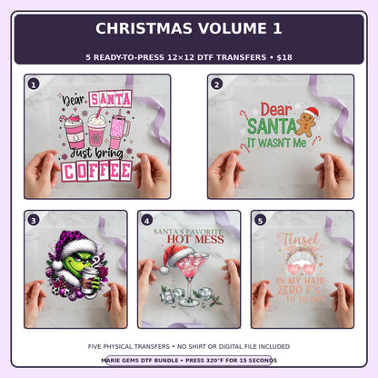 Christmas Volume 1 five-pack 12x12 ready-to-press DTF transfer bundle collage showing all five included designs