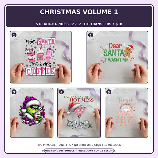Christmas Volume 1 five-pack 12x12 ready-to-press DTF transfer bundle collage showing all five included designs