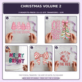 Christmas Volume 2 five-pack 12x12 ready-to-press DTF transfer bundle collage showing all five included designs