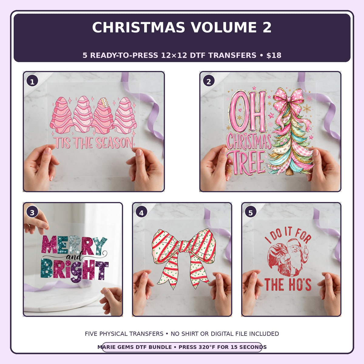 Christmas Volume 2 five-pack 12x12 ready-to-press DTF transfer bundle collage showing all five included designs