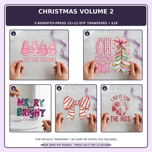 Christmas Volume 2 five-pack 12x12 ready-to-press DTF transfer bundle collage showing all five included designs