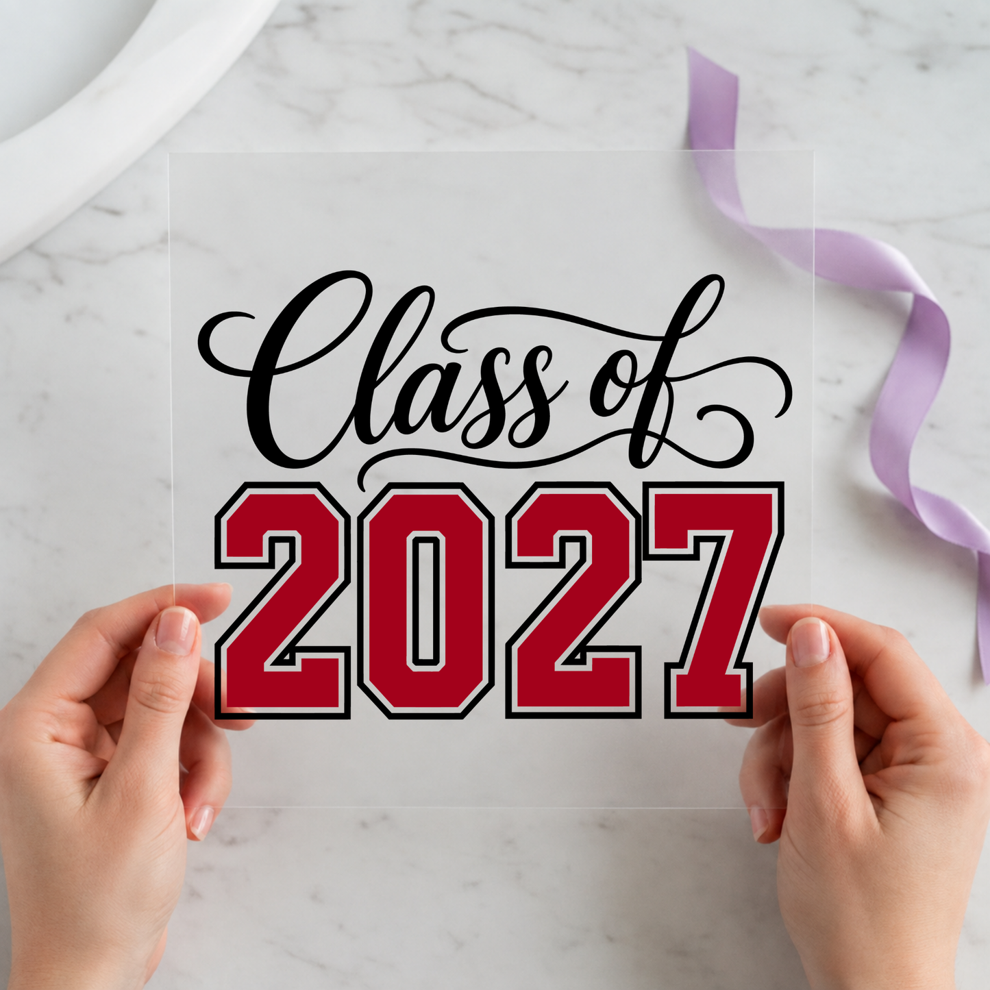 Class of 2027 Script Red Black featuring black script Class of above large red 2027 numerals on a 12x12 ready-to-press DTF heat transfer